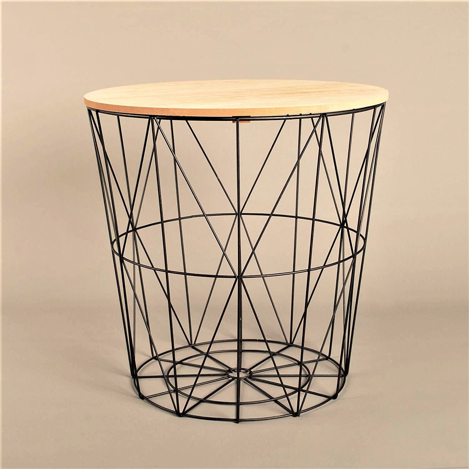Black Metal Wire Round Side Table Marble Wood Top Storage Basket Home